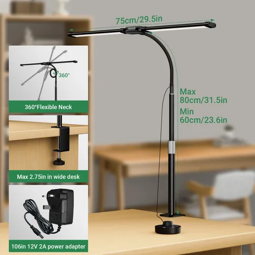 Miniatura 7 de LED Desk Lamp with Clamp, 23.5-31.5 Inches, Black 24W, 75 Lighting Modes, Flexible Neck Design, Telescopic Height, For Home Office Study Work