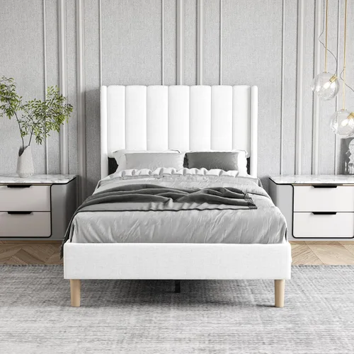 Miniatura 3 de Base de cama tapizada de tamaño individual con cabecero, listones de madera fuertes, no necesita somier, fácil montaje, lino blanco