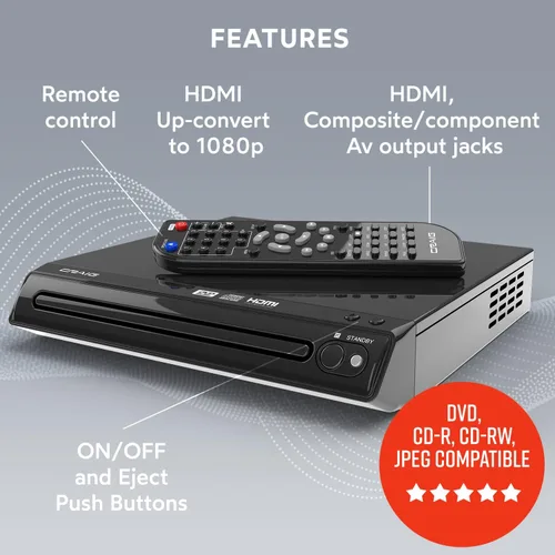 Miniatura 2 de Craig CVD401A Reproductor de DVD HDMI Compacto con Control Remoto en Negro Compatible con DVD-R/DVD-RW/JPEG/CD-R/CD-R/CD Escaneo Progresivo