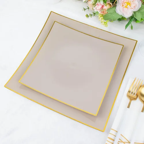 Miniatura 11 de Tableclothsfactory Paquete de 10 platos llanos cuadrados cóncavos de plástico duro de 8 pulgadas negro/dorado, platos desechables para fiestas