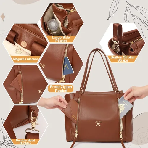 Miniatura 4 de miss fong Bolso de pañales tipo mochila de cuero, bolso grande para mamá, bolsa hospitalaria, 12 bolsillos, bolso de viaje para pañales con Marrón