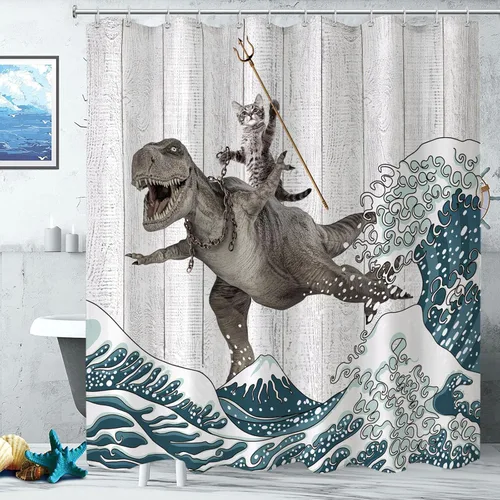 Miniatura 5 de Fungarth - Cortina de ducha divertida con gatos y dinosaurios, cortina de ducha con olas marinas para baño, tela impermeable y fresca, cortina