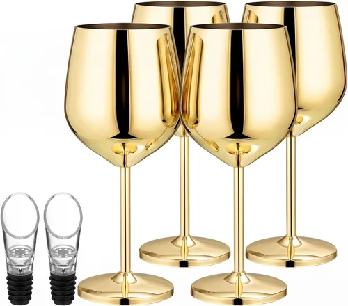 Patelai 4 piezas de vidrio dorado de acero inoxidable con 2 vertedores aireadores, copas de vino de metal irrompibles con tallo dorado para boda,