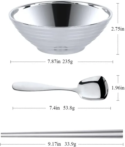 Miniatura 2 de Juego de tazones de sopa de fideos japoneses para ramen, 2 juegos (8 pulgadas) plateados de doble capa de acero inoxidable 18/8 con palillos