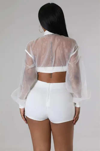 Miniatura 4 de Conjunto de 2 piezas para mujer, de malla transparente, manga larga, corta, con cremallera, para verano, vacaciones, club