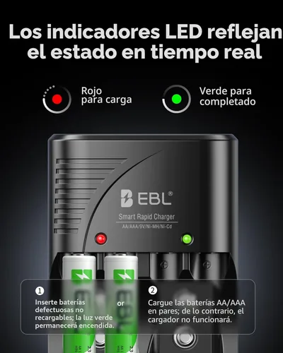Miniatura 6 de EBL Cargador de batería de 4 bahías para baterías recargables AA y AAA con baterías recargables AA NiMh, 4 unidades, cargador de batería con enchufe