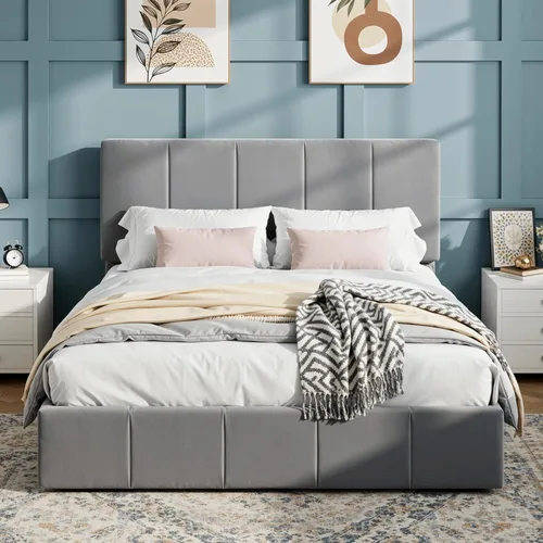 Miniatura 13 de SHA CERLIN Marco de cama tamaño queen, cama de plataforma tapizada en terciopelo holandés, cabecera ajustable con canales verticales acolchados