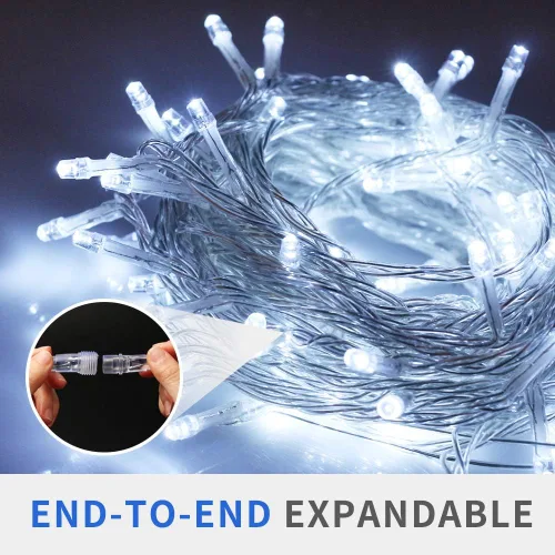 Miniatura 2 de Tira de luces de Navidad, 33 pies, 100 luces LED blancas para árbol de Navidad, tira de luces conectables para interiores, cable transparente, 8