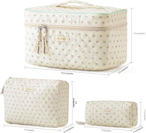 Miniatura 6 de HBselect Bolsa de maquillaje acolchada, 3 piezas de algodón grande, bolsa de maquillaje de viaje, bonita bolsa de maquillaje floral de coqueta