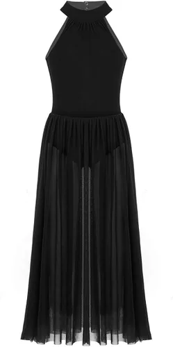 FEESHOW Vestido de baile lírico con cuello alto falso para niñas, falda de malla transparente, trajes modernos de baile