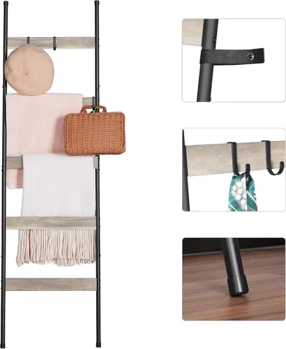 Miniatura 8 de ELYKEN Escalera de Mantas para Sala de Estar, Soporte de Edredón de 5 Niveles de Estilo Granja con 4 Ganchos Removibles para Baño, Estante de Roble