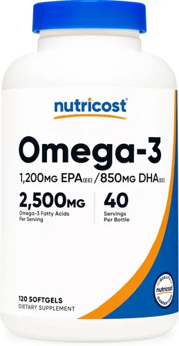 Nutricost Aceite de Pescado Omega 3 - 2500 mg, 120 cápsulas blandas (40 porciones) - Aceite de pescado, capturado en la naturaleza! 1200 mg EPA 850