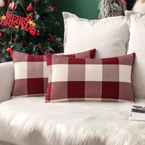 Miniatura 21 de MIULEE - Paquete de 2 fundas de almohada decorativas clásicas de Navidad de lino y poliéster a cuadros de granja, color negro sólido y rojo