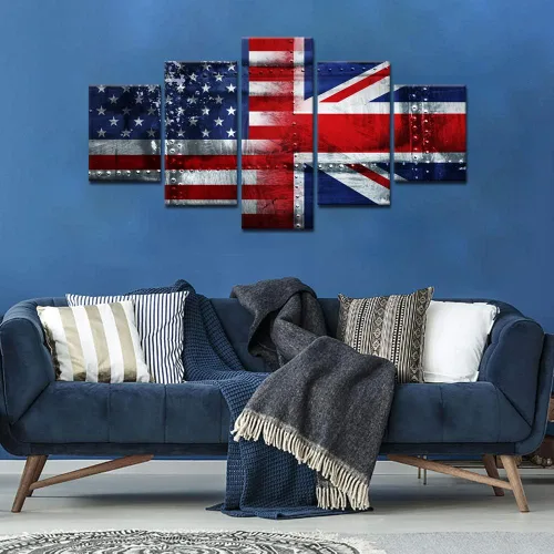 Miniatura 5 de Arte de pared de concepto patriótico, pintura de bandera estadounidense y británica, lienzo de estrellas y rayas, 5 paneles, arte moderno americano
