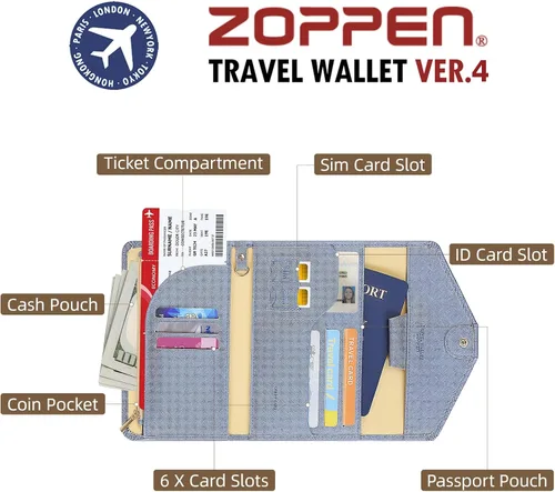 Miniatura 166 de Zoppen - Billetera de viaje con bloqueo RFID multiusos (Ver.4) Portatarjetas de pasaporte y vacunas, organizador de documentos de tres pliegues