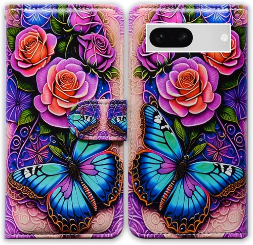 Bcov Pixel 7a - Funda de piel con tapa y función atril para Google Pixel 7a, diseño de flores y mariposas azules Mariposa Azul Flores Rosa