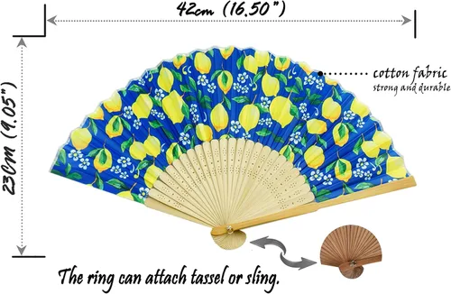 Miniatura 2 de Abanico de mano con hermosa tela estampada de limón Limón Azul