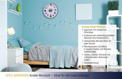 Miniatura 5 de TFA Dostmann - Reloj de pared para niños, 60.3051.20, sin tictac, fácil de aprender la hora, funciona con pilas, color turquesa