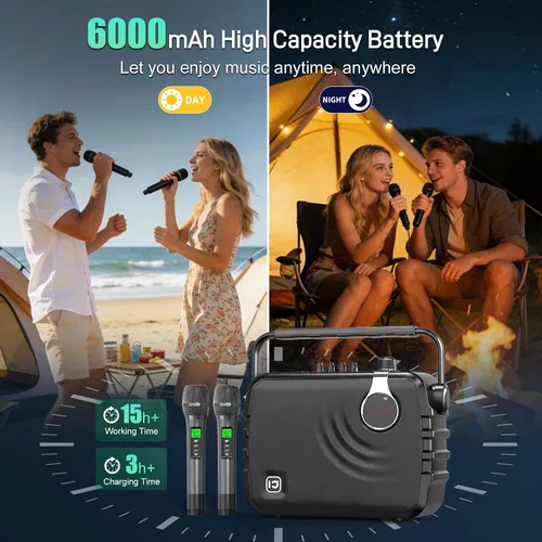 Miniatura 3 de SHIDU Sistema PA portátil de 150 W con 2 micrófonos inalámbricos, amplificador de voz Bluetooth y máquina de karaoke para adultos, soporte
