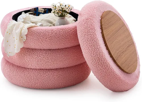 Miniatura 9 de Wimarsbon Otomana redonda de almacenamiento, moderno reposapiés de sherpa, taburete de tocador de peluche con bandeja abatible, silla de maquillaje