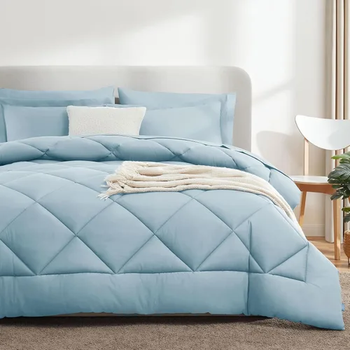 Miniatura 8 de CozyLux Juego de ropa de cama con edredón tamaño King celeste claro - 7 piezas en una bolsa, juego de cama de lujo suave para todas las estaciones