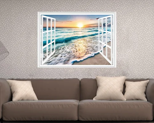 Miniatura 4 de FLFK Adhesivo de pared con ventana falsa - Mural de pared con ventana falsa de atardecer en la playa para decoración de pared, adhesivos de pared