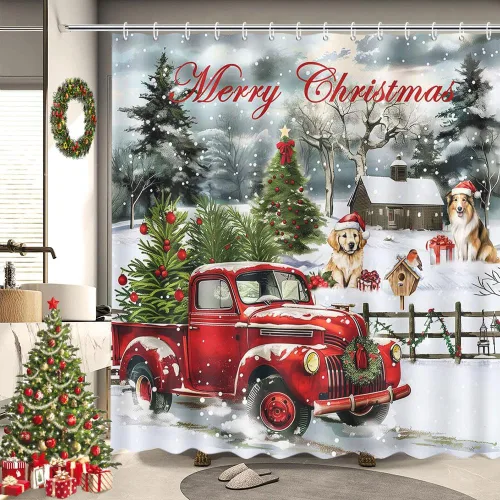 Miniatura 8 de MEHOFOND Cortina de ducha de Navidad rosa con árbol de Navidad, cortina de baño de tela impermeable con 12 ganchos, 72 x 72 pulgadas