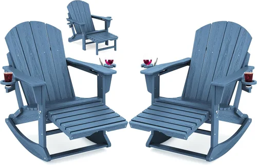 Miniatura 35 de Mecedora Adirondack de KINGYES con Otomana Retráctil y Portavasos, Silla Reclinable de Patio de HDPE Adirondack para Porche, Patio, Balcón, Azul Aqua