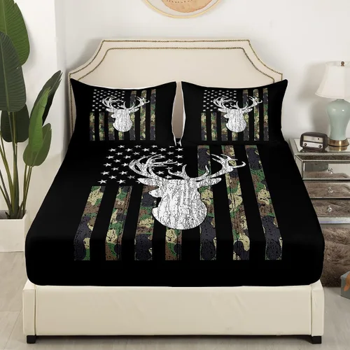 Miniatura 3 de Juego de ropa de cama con estampado de bandera americana y ciervo para cazadores, sábanas camufladas militares para niños, adolescentes y hombres
