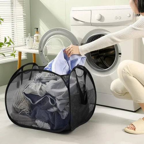 Miniatura 2 de TECHMILLY Cesta plegable de malla con asas fuertes, cesta de ropa de gran apertura con bolsillos laterales, cestas de almacenamiento para Negro