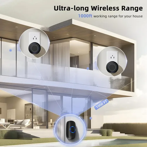 Miniatura 5 de Campanas de puerta inalámbricas para hogares, kits de timbre con 1 transmisor, 1 receptor, funcionamiento impermeable a un rango de 1000 pies, 48