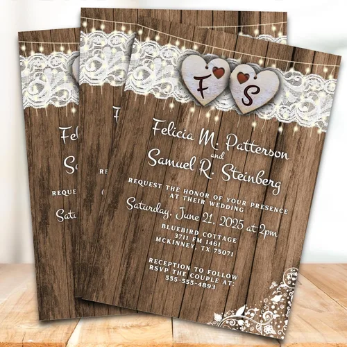 Miniatura 9 de Cantidad de 25 invitaciones de boda País Corazón y sobres de encaje impreso con texto blanco Rustic Theme, Envelopes Included, Printed