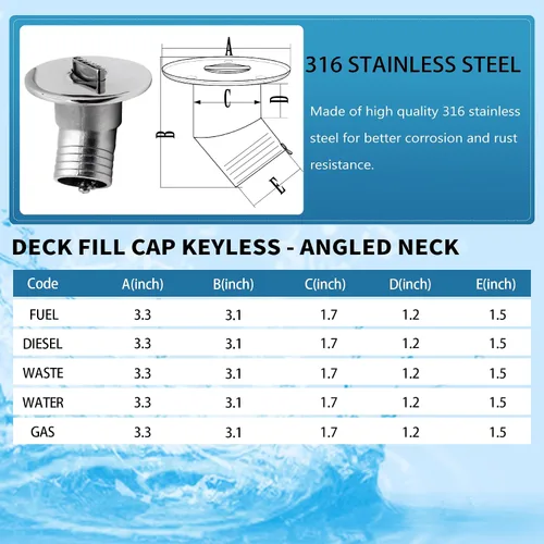 Miniatura 7 de SHENGHUISS Boat Water/Diesel/Gas/Fuel Deck Fill/Filler 1-1/2 Inch(38mm) with Keyless Cap 316 Stainless Steel Boat Deck Hardware for Boat, Yacht