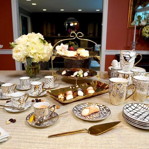 Miniatura 2 de Juego de Tazas de Café y Té de Porcelana Matrix Gold – Porcelana Fina Premium con Elegante Acabado Chapado en Oro, Vajilla de Lujo para Comidas