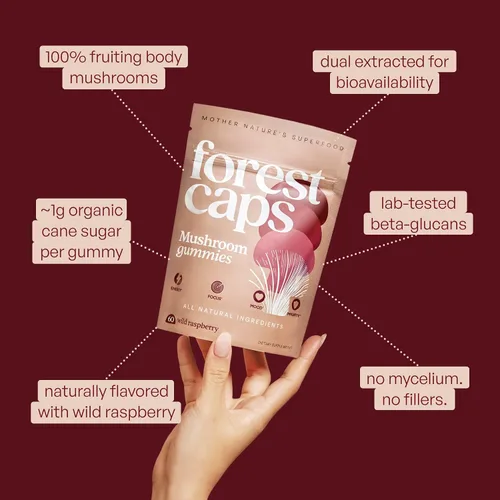Miniatura 2 de Forest Caps Gomitas de hongos – Melena de León, Reishi y Cordyceps – Enfoque, calma y energía natural – Extractos corporales frutales orgánicos