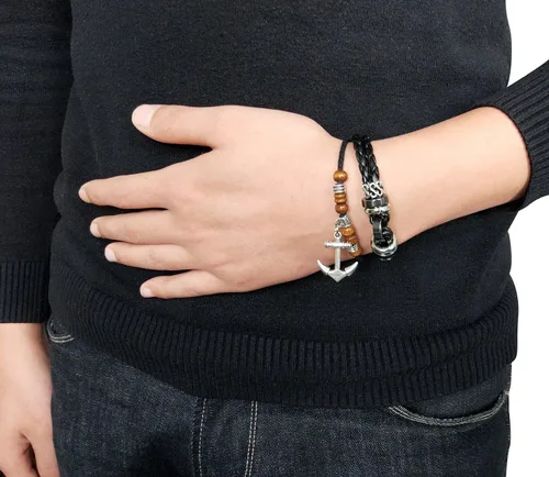 Miniatura 36 de Suyi brazalete ajustable con varias capas, de cuero tejido trenzado con cruz. Pulsera tipo esclava.