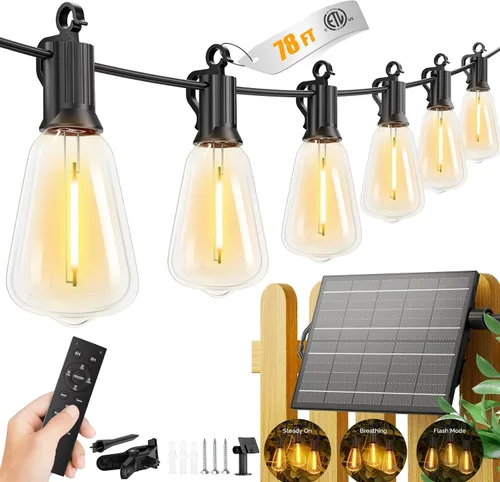 Miniatura 16 de Brightown Guirnalda de luces solares de 37 pies para exteriores, impermeable, con control remoto, 10+1 bombillas LED inastillables, regulables