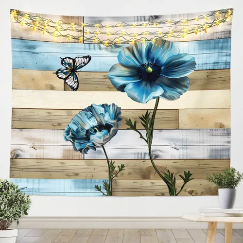 Miniatura 4 de Manfei Tapiz floral verde azulado, manta de pared con flores y mariposas, estilo rústico para colgar en la pared para niños y niñas, decoración