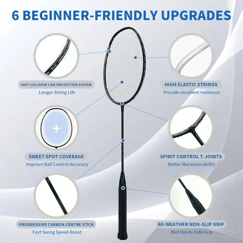Miniatura 3 de Senston Raqueta de bádminton ligera profesional de fibra de carbono 5U raquetas de bádminton con agarre Negro+Azul