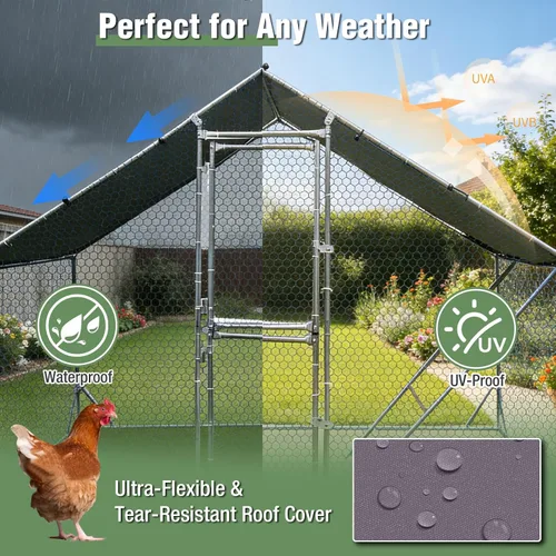 Miniatura 2 de Gallinero grande de metal con cubierta impermeable, jaula para aves de corral para caminar al aire libre con perca de gallo, corralito