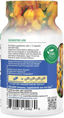 Miniatura 3 de Feelgood Company - Berberina - Alta absorción - equivalente a 2200 mg - Suplemento herbario - Baja glucosa en sangre - Ayuda al colesterol - 60