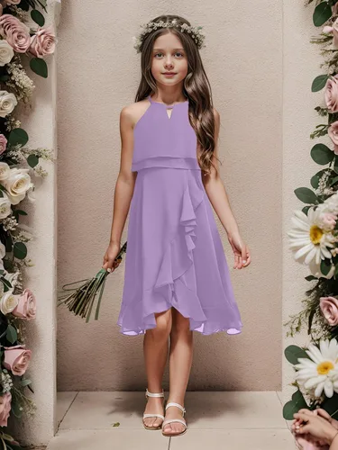 Miniatura 3 de Vestido de dama de honor para niños, de gasa, con cuello halter, acampanado, elegante, para boda, de 5 a 14 años