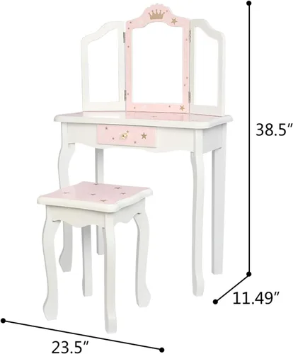 Miniatura 7 de Juego de tocador rosa para niños, juego de mesa y silla de maquillaje de madera para niñas pequeñas, tocador de princesa para niños, tocador