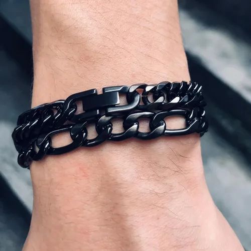 Miniatura 5 de Collar de pulsera Figaro de eslabones cubanos de 3 piezas, plata dorada y negra, resistente acero inoxidable 316L, cadena Figaro de eslabones