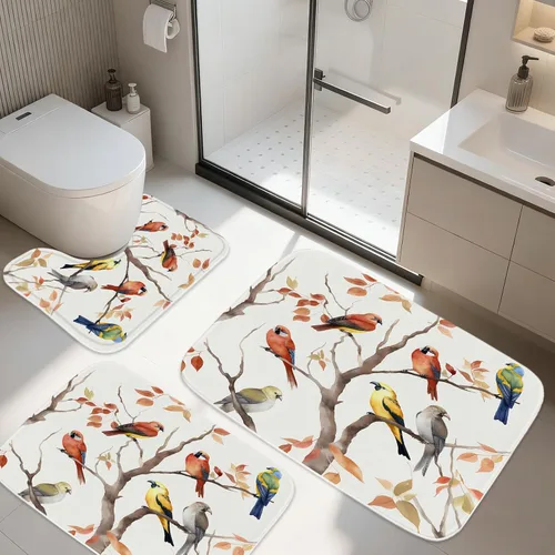 TheBlackSpot Juego de 3 alfombras de baño rústicas de primavera de granja, diseño botánico de pájaros, tapete de baño de espuma viscoelástica,