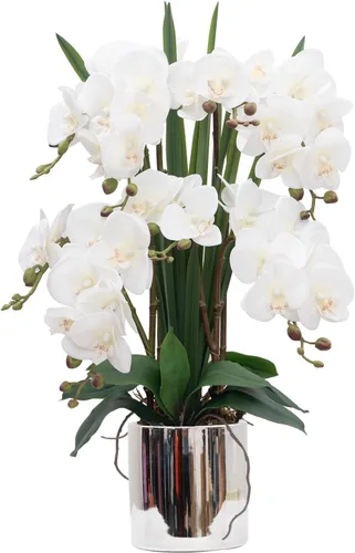 Miniatura 30 de CXGS Planta de orquídeas artificiales de tacto real, orquídeas falsas en jarrón de cerámica, naranja, 19.7 pulgadas, arreglo floral falso