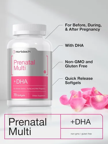 Miniatura 5 de Horbäach Multivitamínico prenatal para mujer con DHA, hierro y ácido fólico, 70 cápsulas blandas, sin OMG y sin gluten