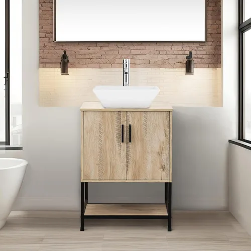 Miniatura 18 de UEV Tocador de Baño de Roble Rústico de 24" con Lavabo, Conjunto de Gabinete de Baño con Marco de Hierro Industrial con Puertas y Estante, con Combo