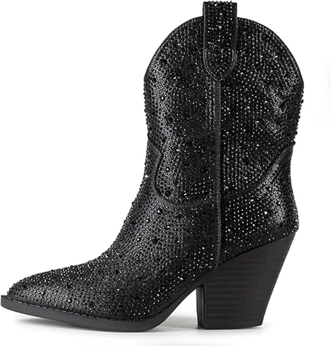 Miniatura 4 de Trary Botas vaqueras occidentales para mujer, puntera puntiaguda, tacón bajo, botas de tobillo de meter, botas de vaquero de moda para conciertos