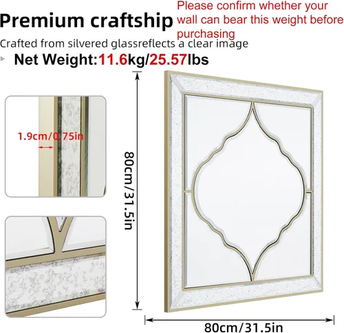 Miniatura 7 de Espejo de pared cuadrado de 32 pulgadas, borde biselado plateado, marco dorado, decoración artística de lujo